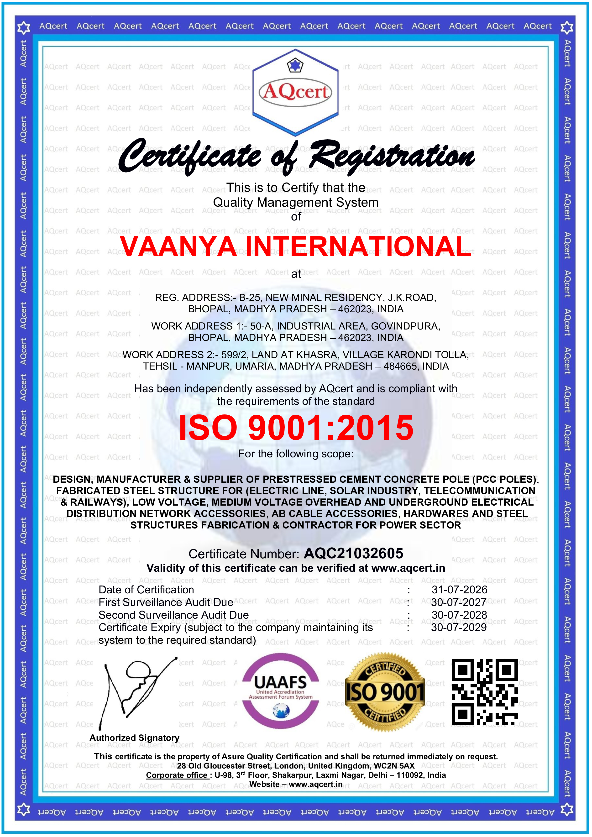 Vaanya International company and quality credentials